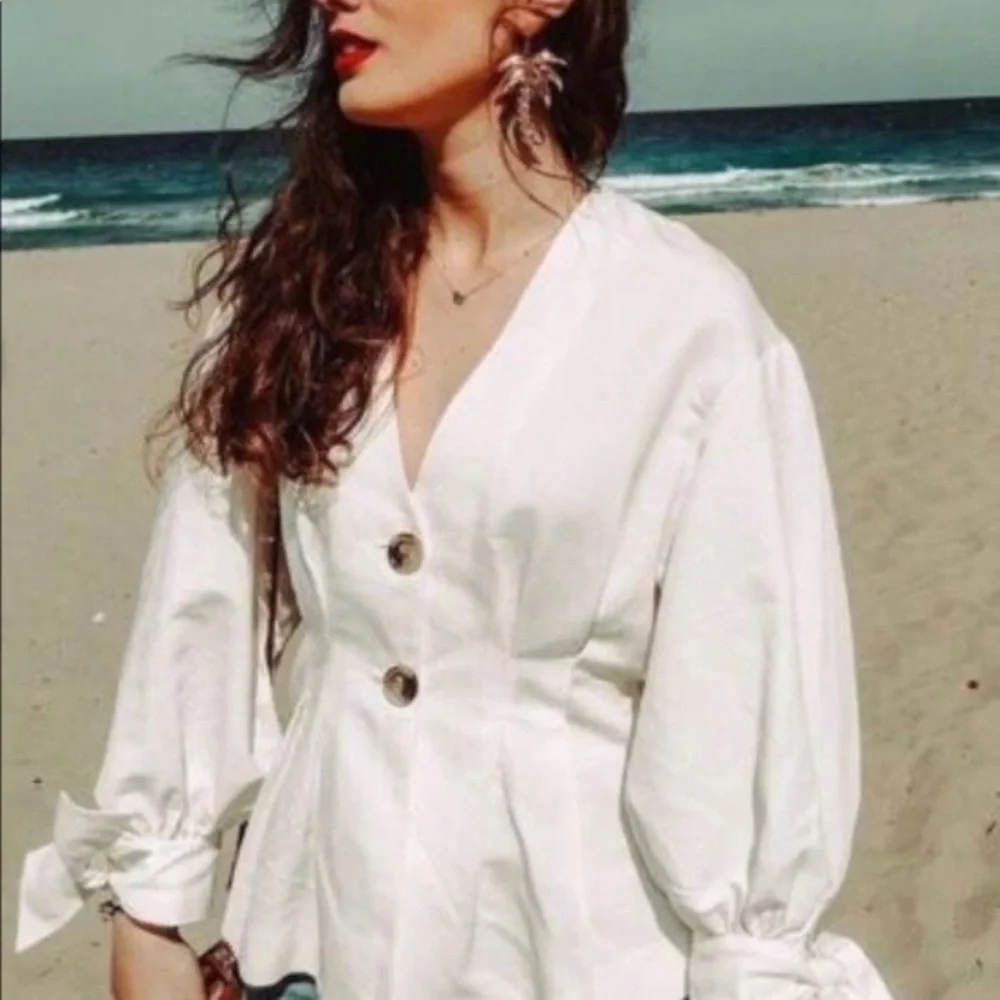 Zara Button-up Blouse w/Bows Linen‎ Puff Sleeve Blouse Pleated Top S classic